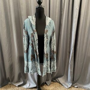 Newport News Teal Hooded Poncho with Brown Embroidery
